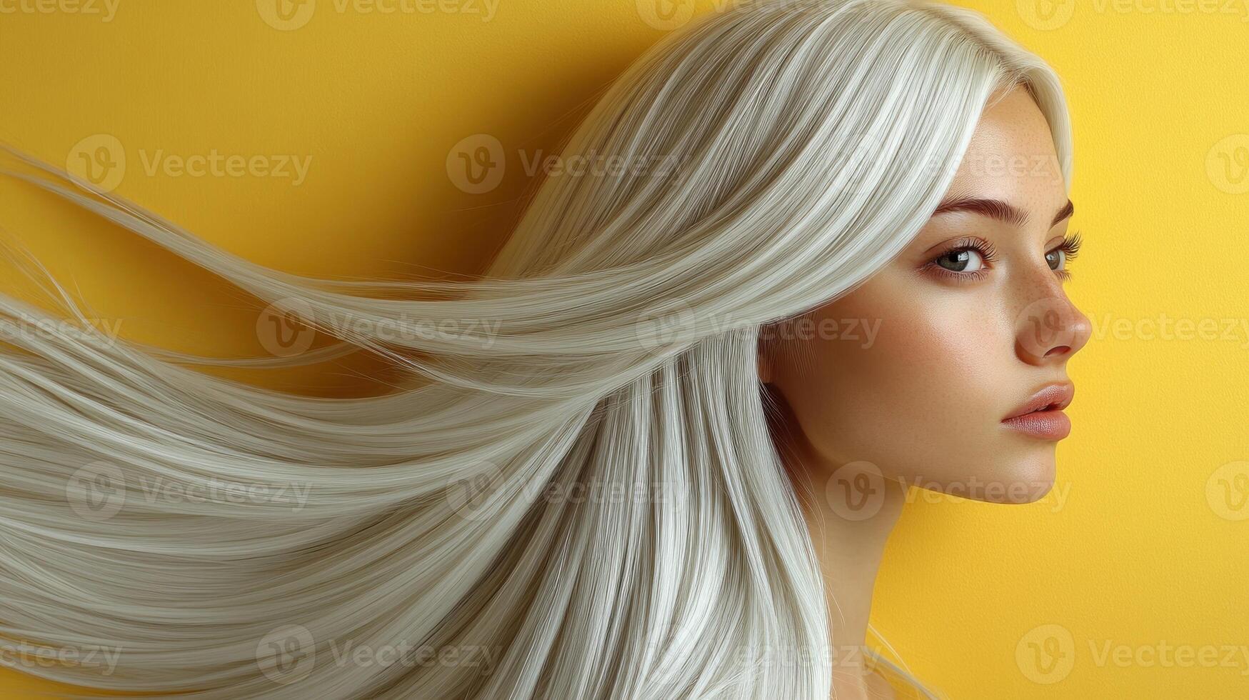 A striking model with flowing silver hair exudes grace in a vivid setting photo