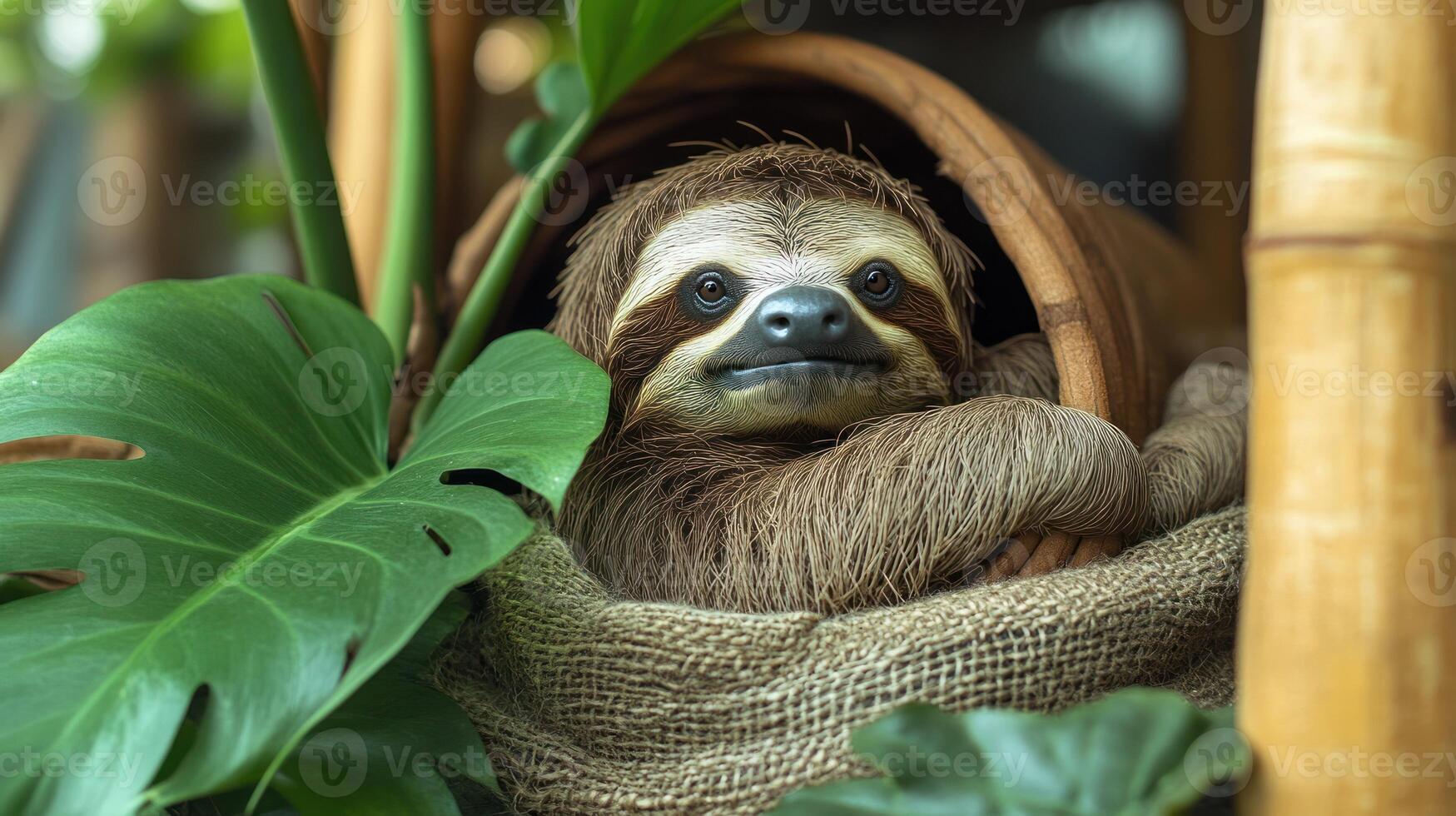 A relaxed sloth enjoys a tranquil moment while surrounded by lush greenery and natural textures photo