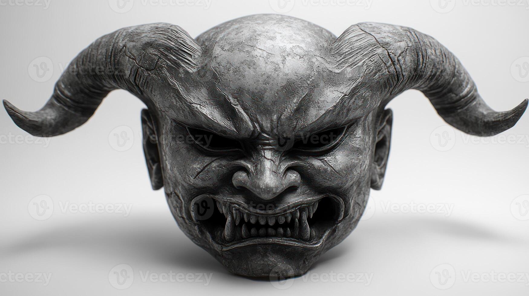 A meticulously crafted demon mask with fierce horns and sharp features evokes a powerful presence photo