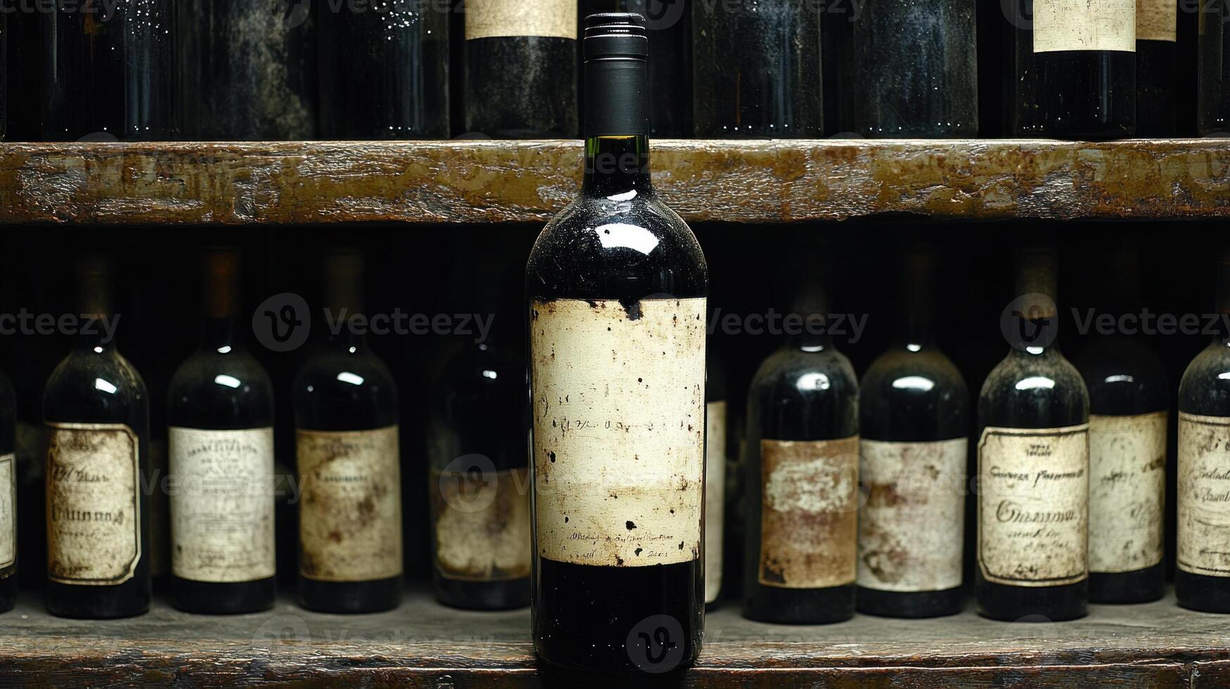 Dark, atmospheric cellar features aged wine bottles and a single prominent bottle with a worn label photo