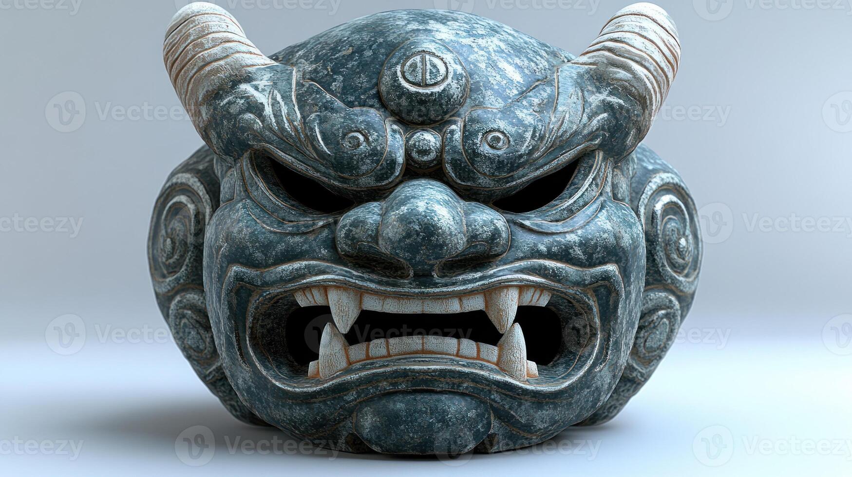 A beautifully crafted guardian mask made of stone displays a powerful expression and artistry photo