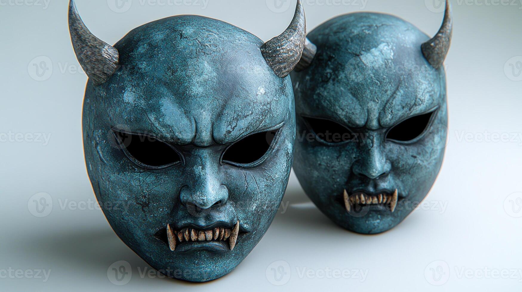 Two striking devil masks showcase elaborate designs and unique features, highlighting artistry photo