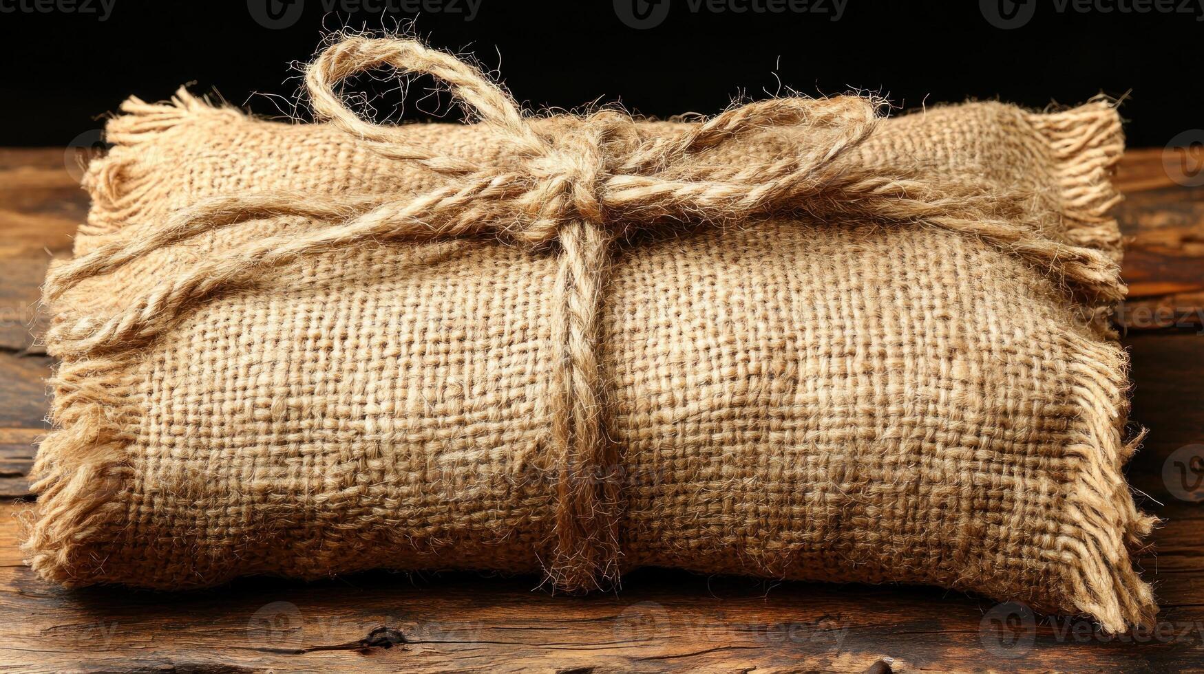 A burlap-wrapped package is carefully tied with twine, exuding rustic charm on a wooden surface photo