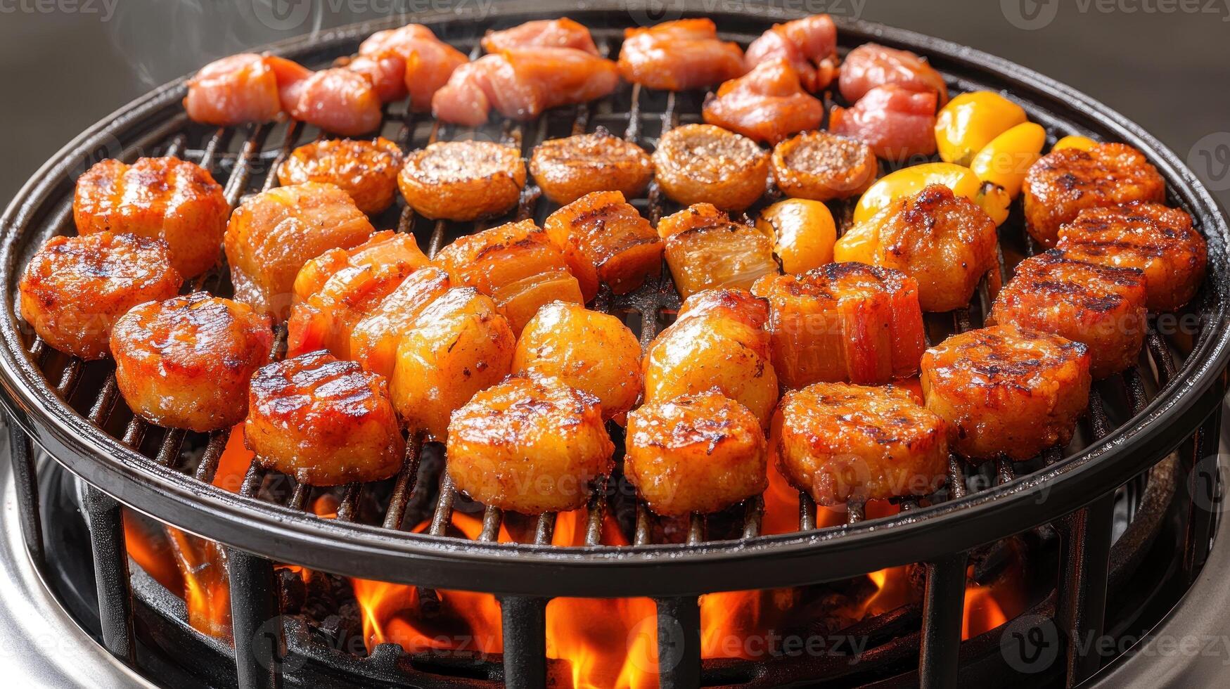 Juicy scallops and skewered meats shimmer under summer sun, giving off delicious aromas at cookout photo