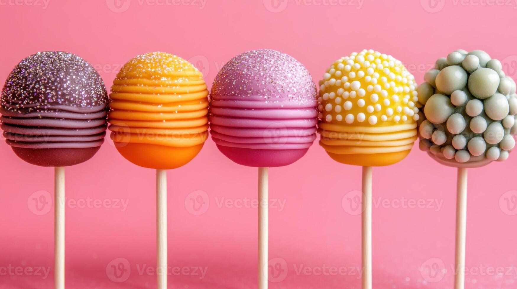 Five delightful cake pops with various colors and textures create a joyful display against pink photo