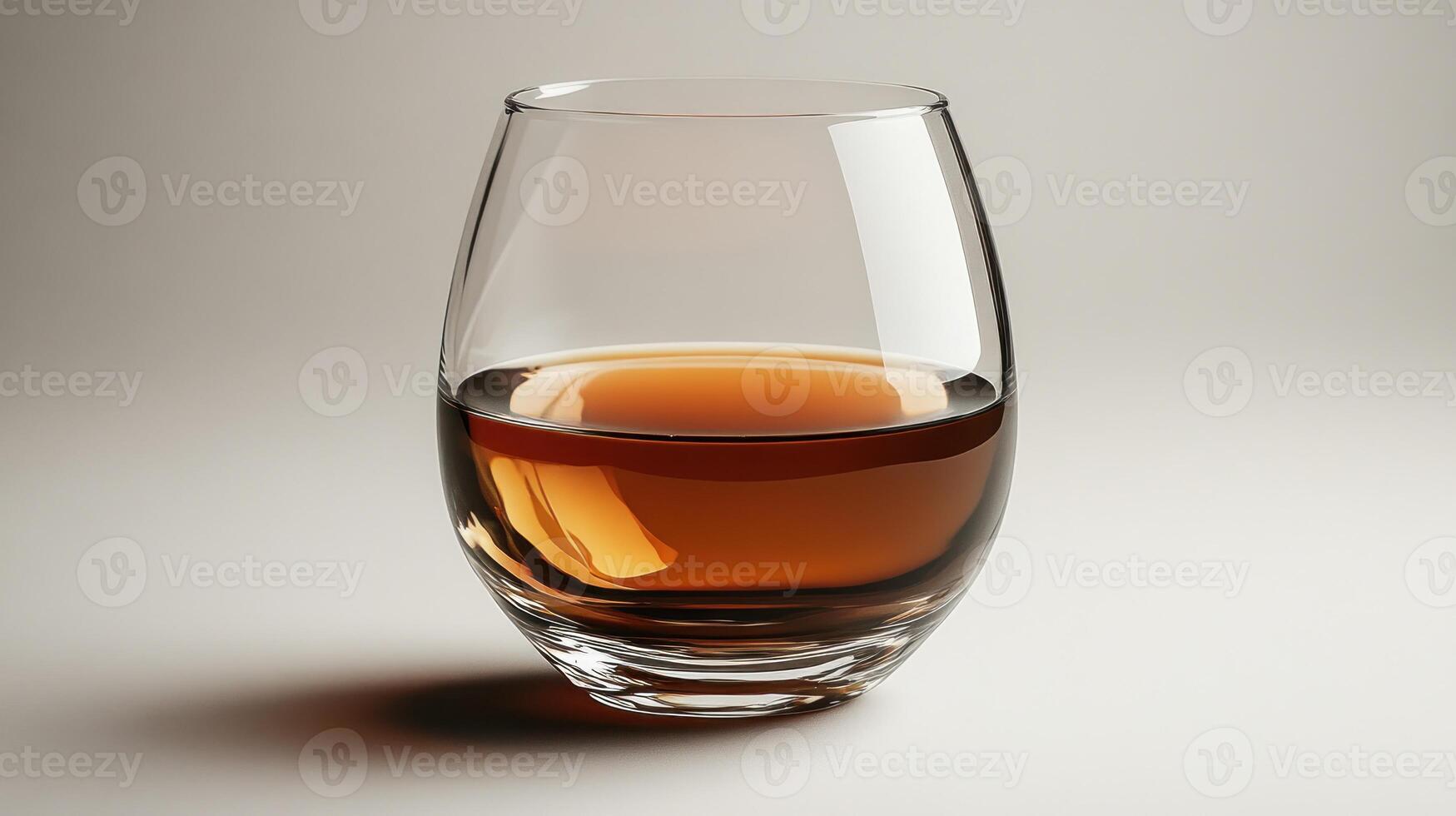A single glass holds amber whiskey, reflecting warm light, set against a soft, neutral background photo