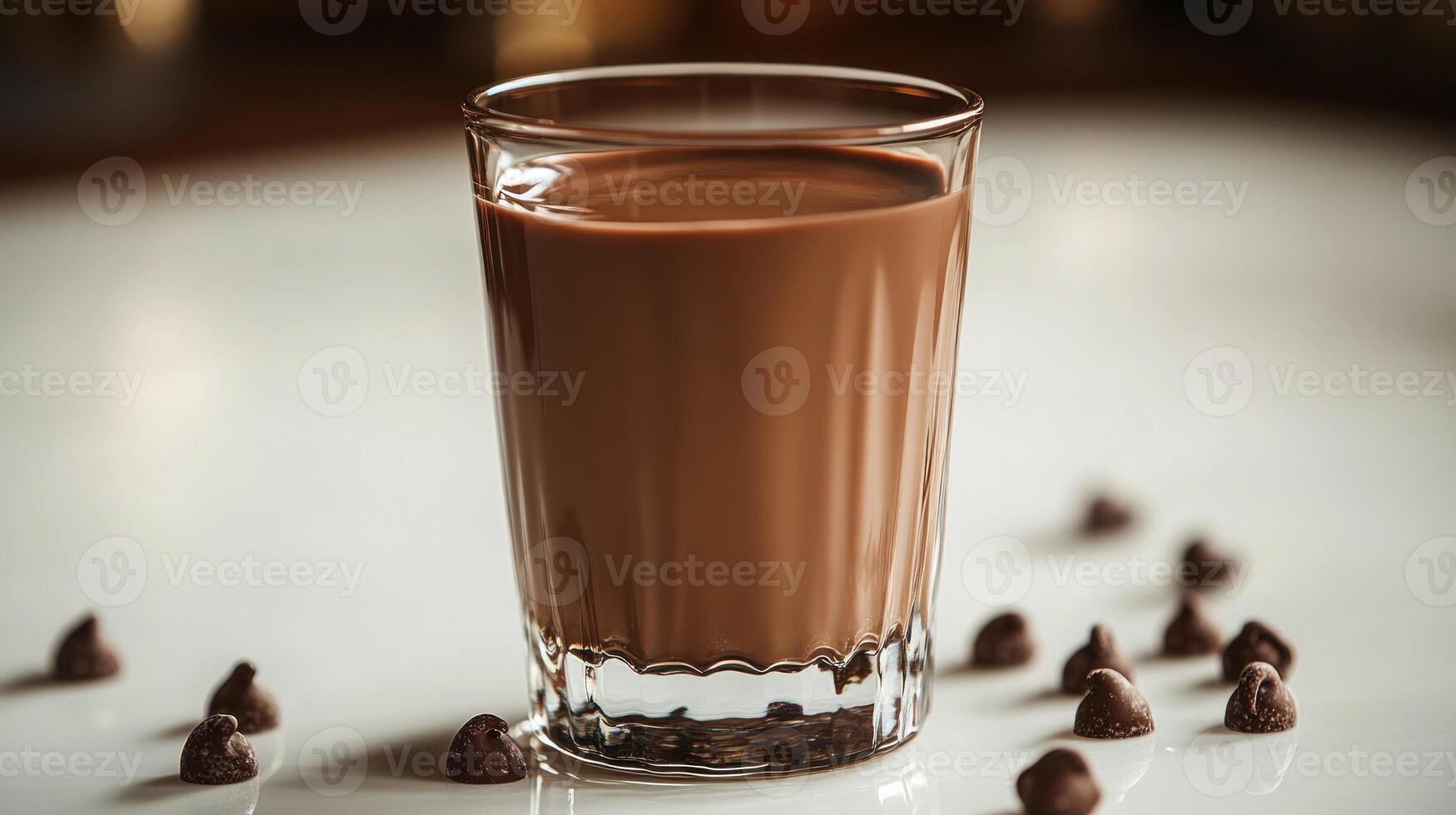 Rich, creamy chocolate drink in a clear glass with chocolate chips artfully arranged around it photo