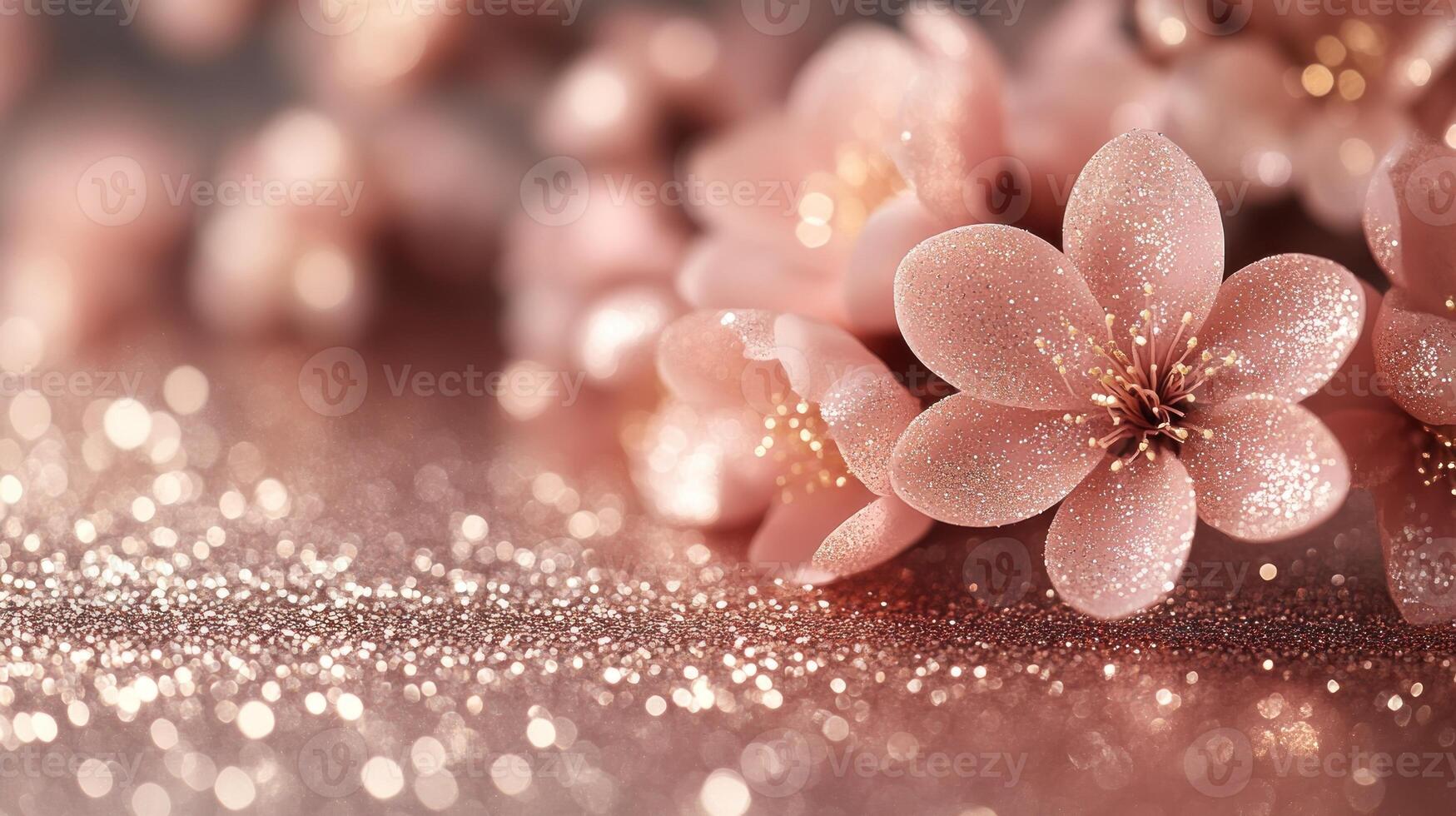 Soft pink flowers shimmer with golden specks, creating a serene and enchanting atmosphere photo