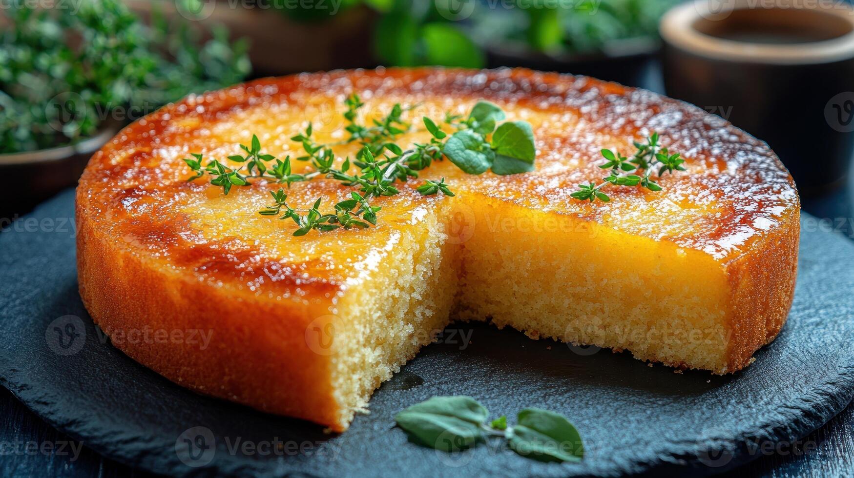 A golden honey cake sits artfully sliced, adorned with fresh herbs, ready for enjoyment photo