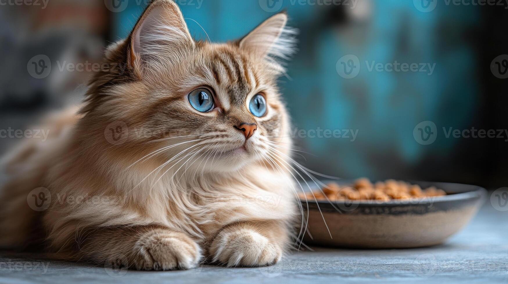 A fluffy cat with blue eyes relaxes by a bowl of food, basking in soft light photo