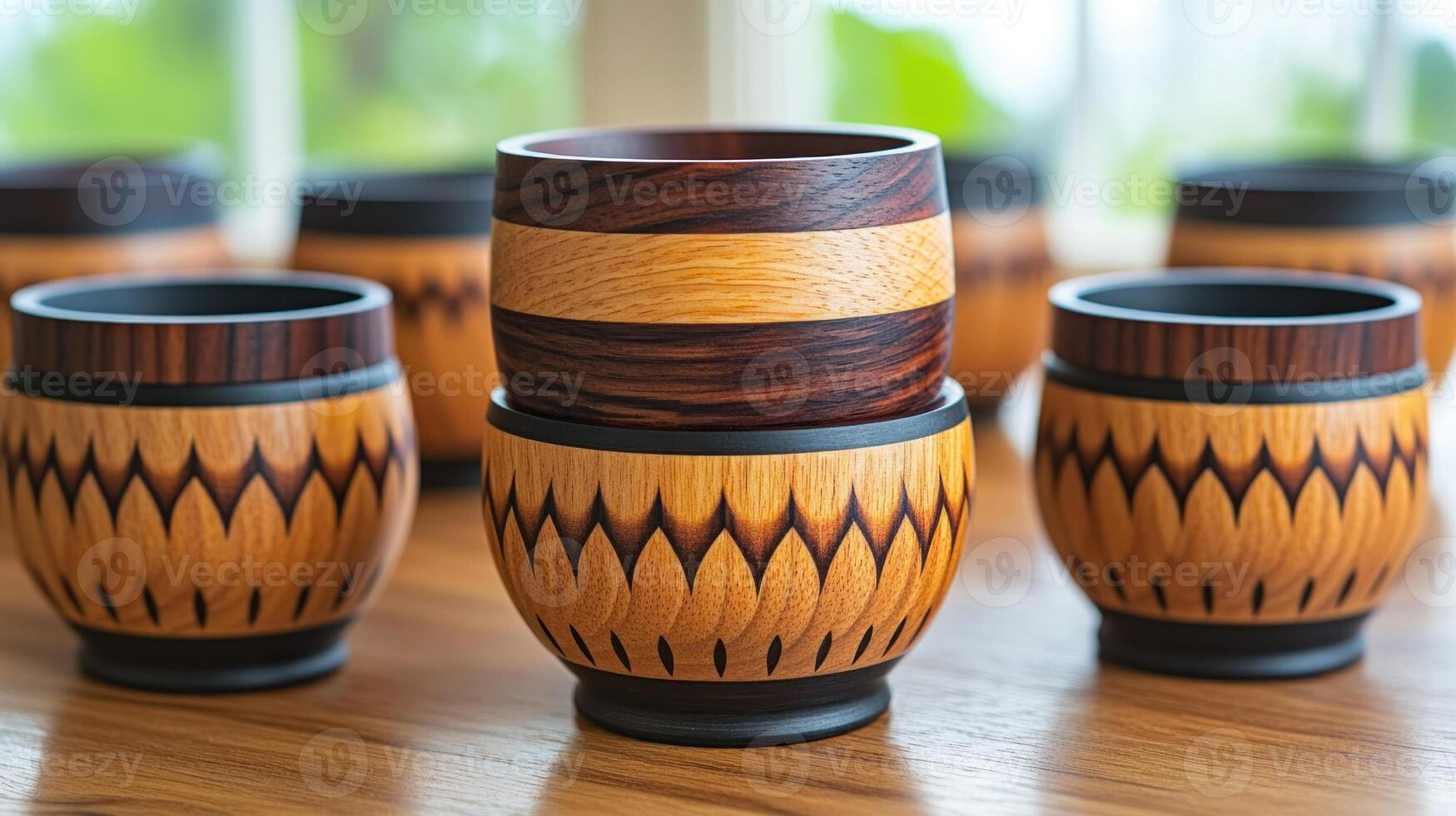 Handcrafted wooden bowls display unique patterns, showcasing artistry in a vibrant setting photo