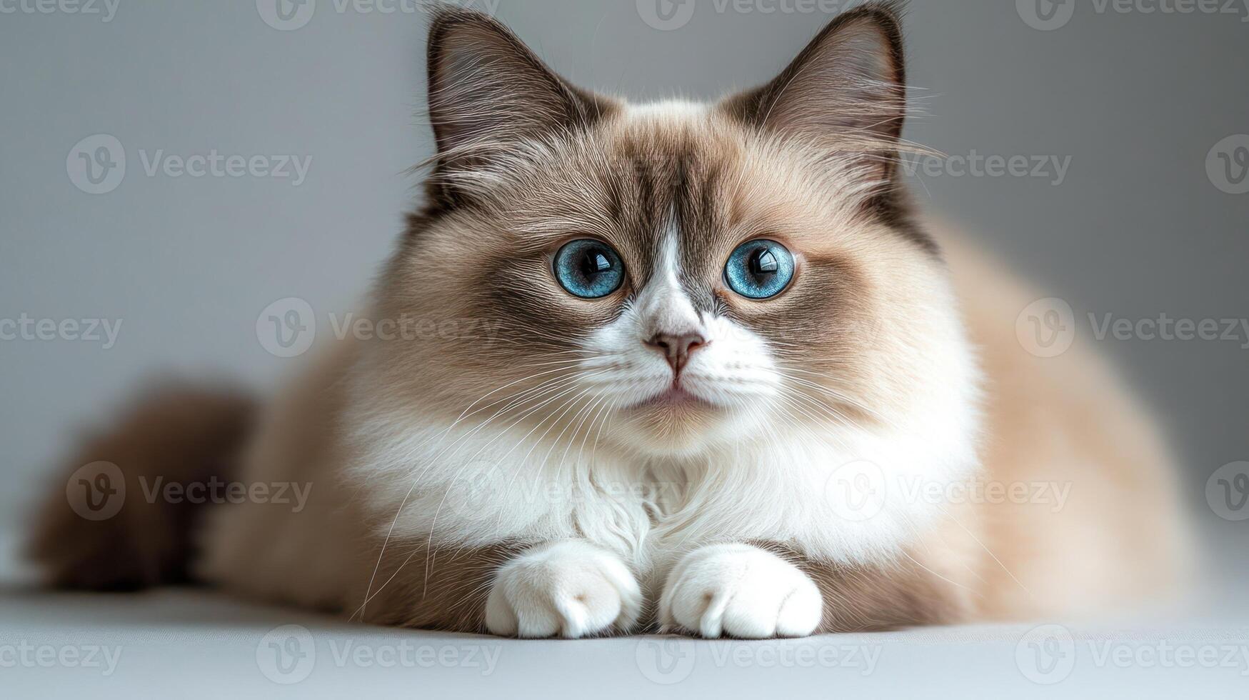 A beautiful cat with captivating blue eyes relaxes calmly, surrounded by a serene atmosphere photo
