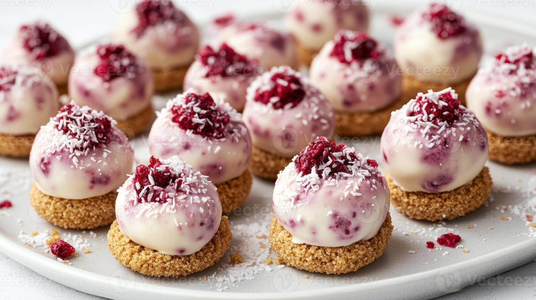 These decadent raspberry treats topped with creamy frosting and coconut create a sweet sensation photo