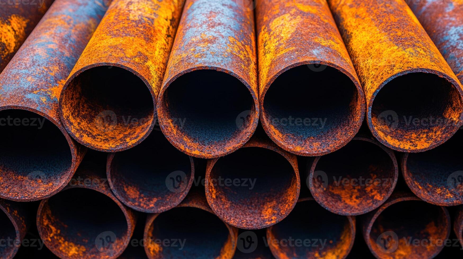 Weathered steel pipes, deeply rusted and stacked, showcase a unique blend of colors and patterns photo
