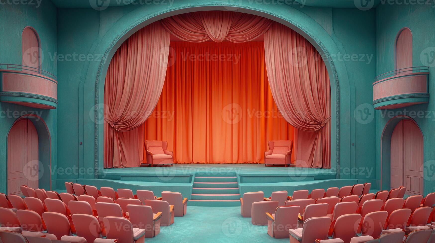 A charming theater stage features warm orange curtains and inviting seats for storytelling photo