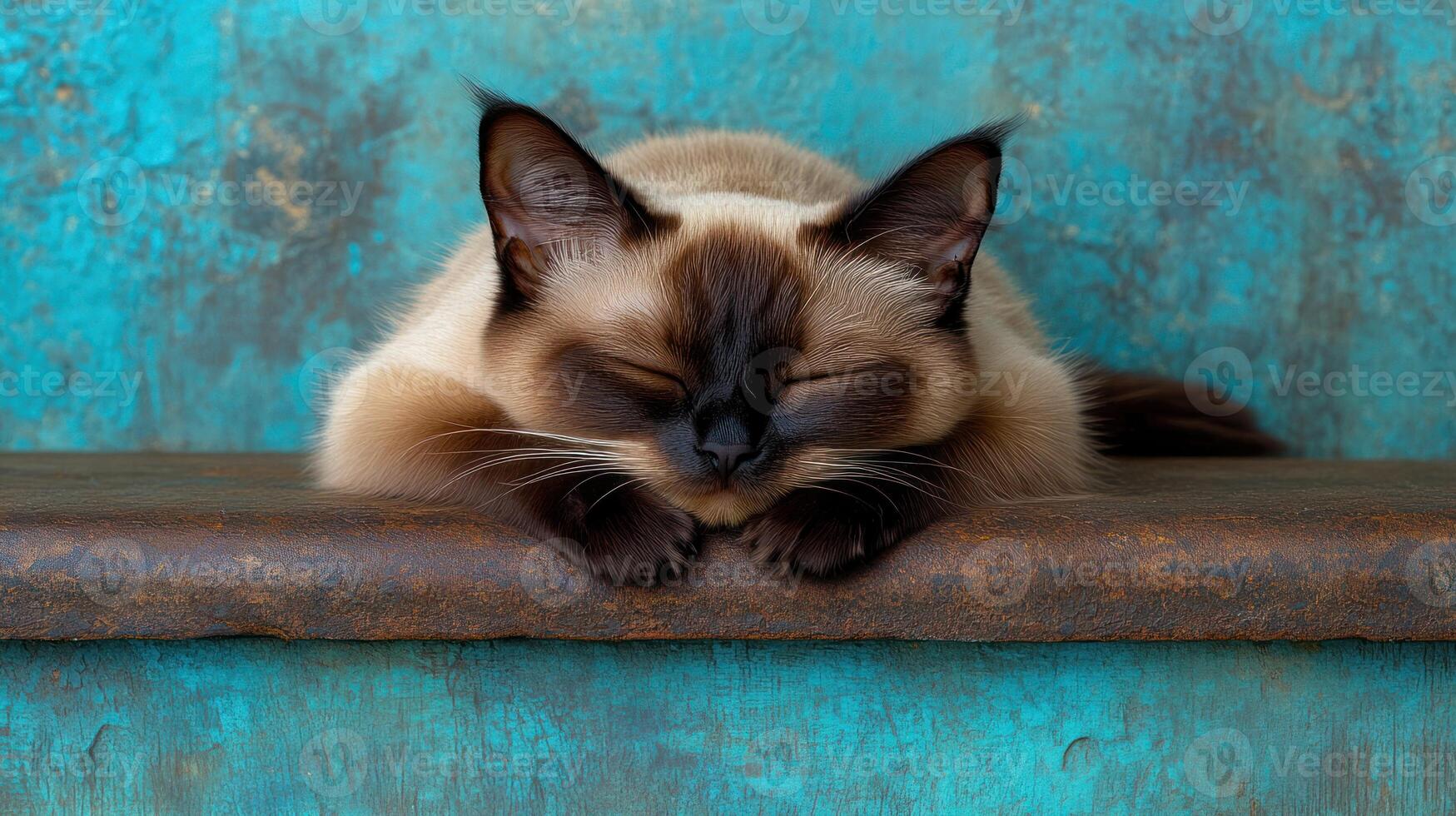 A serene Siamese cat enjoys a restful nap on a weathered surface, surrounded by striking colors photo