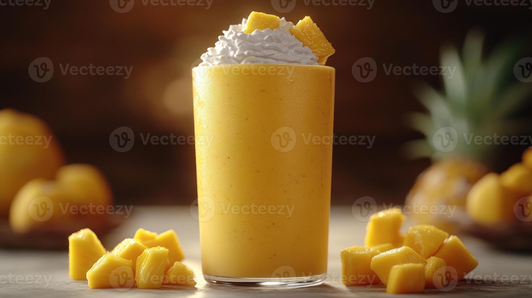 Golden mango smoothie served in a clear glass, garnished with whipped cream and fresh mango chunks photo