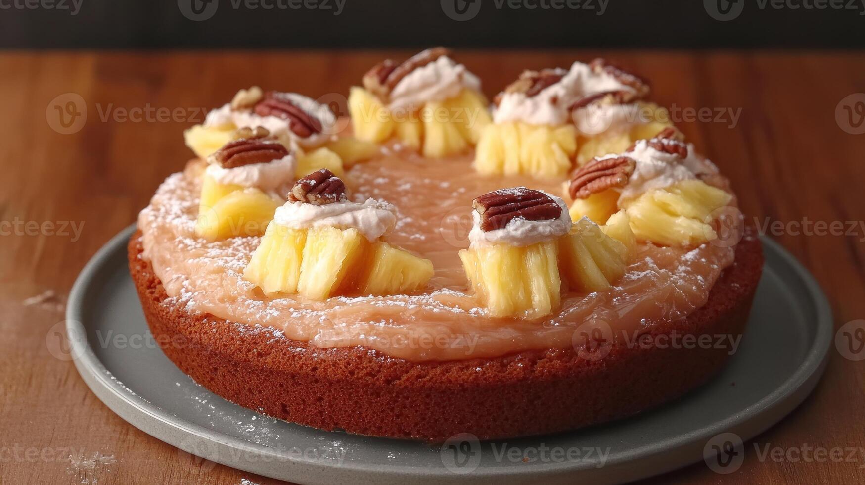 A beautiful cake topped with pineapple, creamy frosting, and crunchy pecans invites indulgence photo
