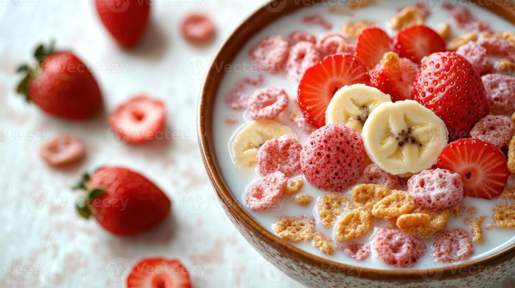 A bowl filled with fresh strawberries, banana slices, and cereal in creamy milk photo
