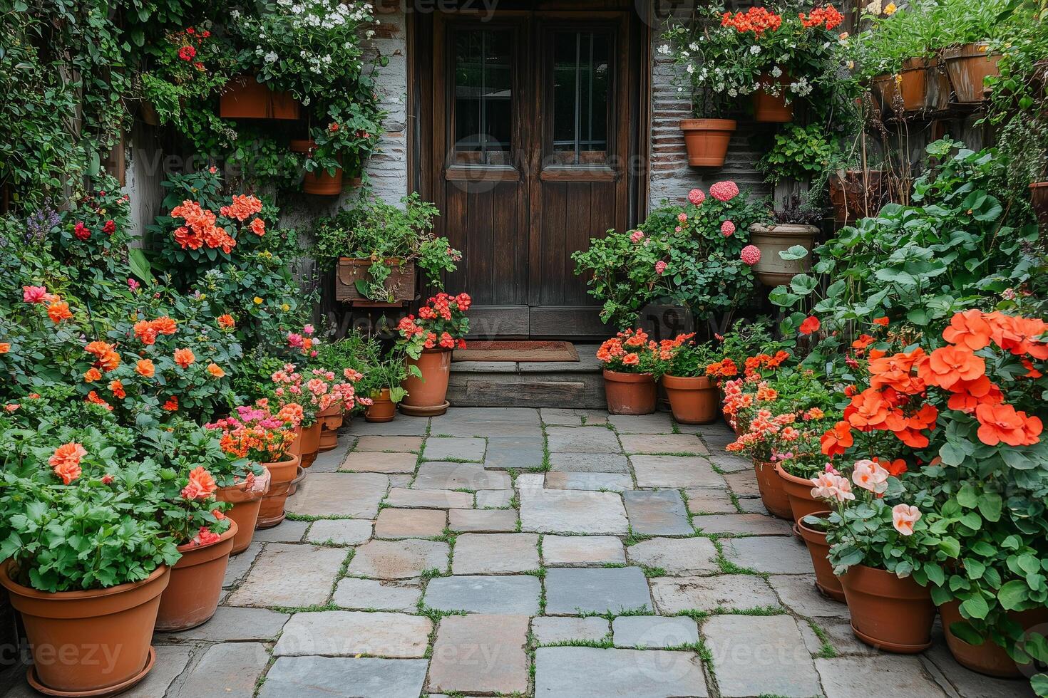 Cozy courtyard with a wooden door surrounded by vibrant potted flowers and lush greenery, creating a charming and peaceful garden atmosphere photo