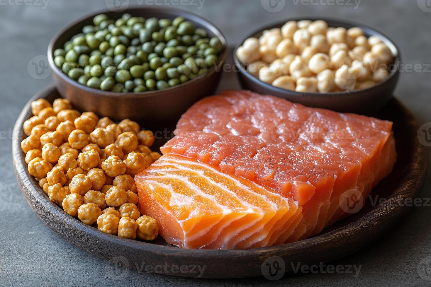 National nutrition month promoting healthy food with salmon, chickpeas and mung beans photo