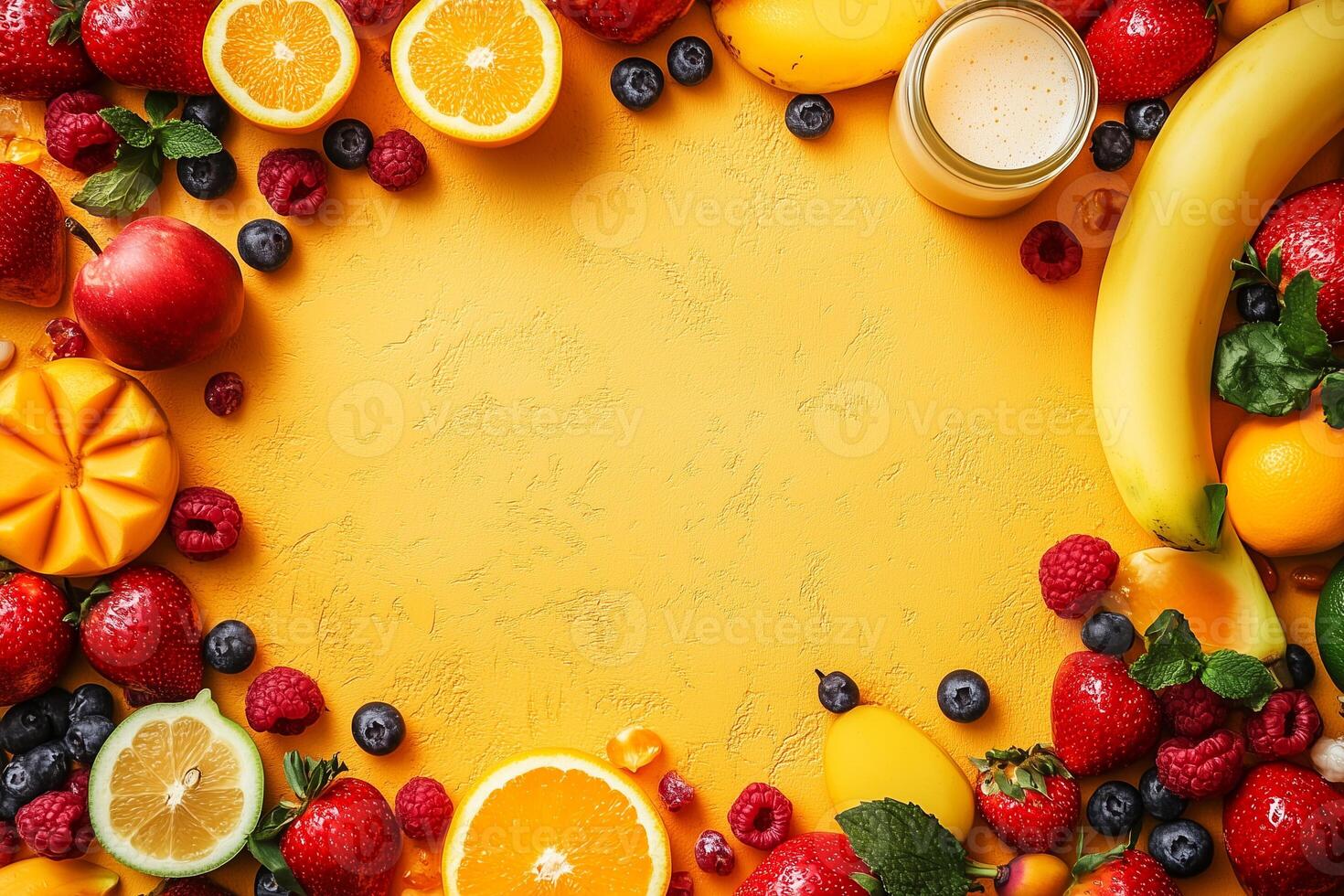 Frame of colorful fruits, berries and smoothie creating vibrant healthy food background National Nutrition Month copy space photo