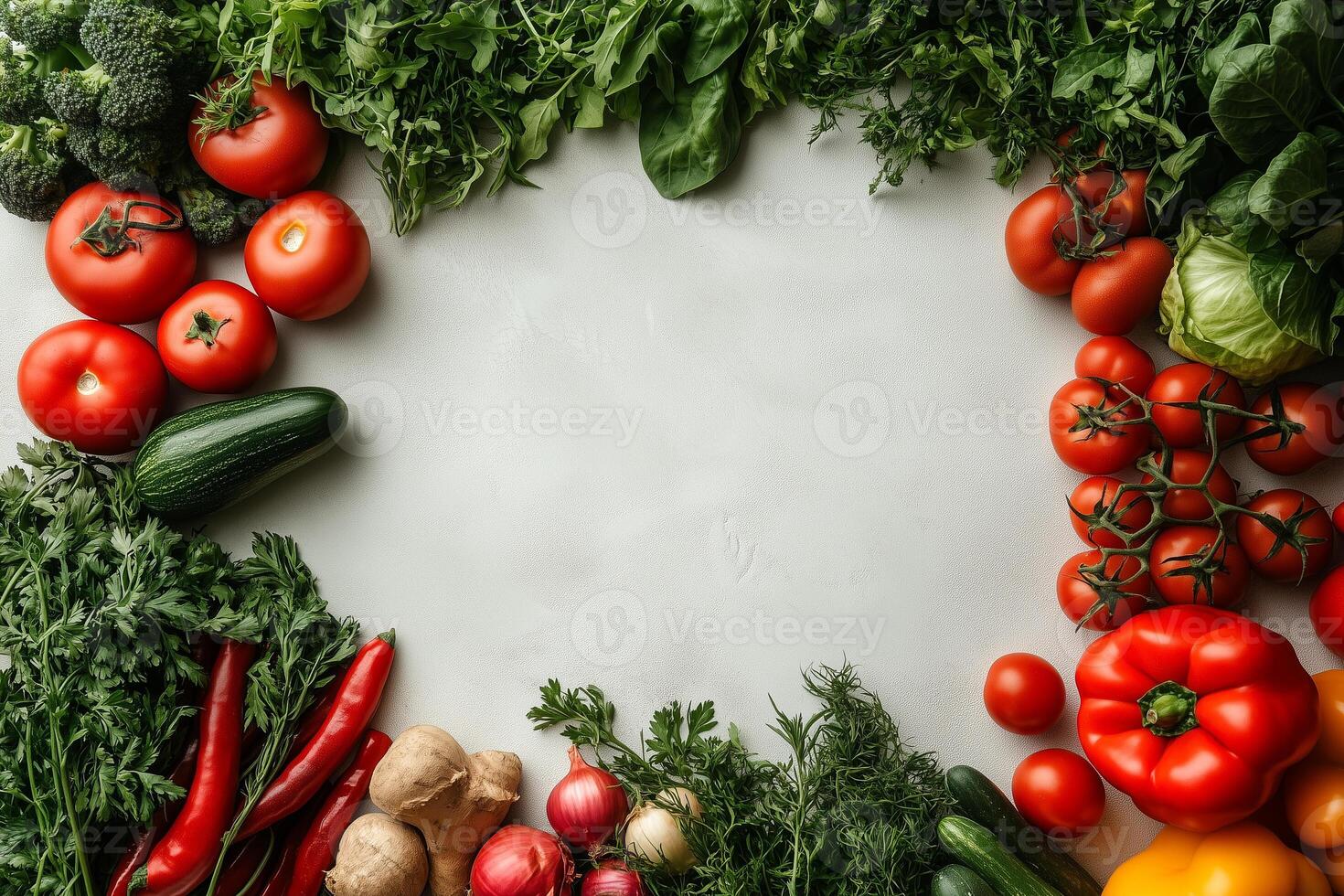 Fresh vegetables and herbs framing empty space promoting national nutrition month copy space photo
