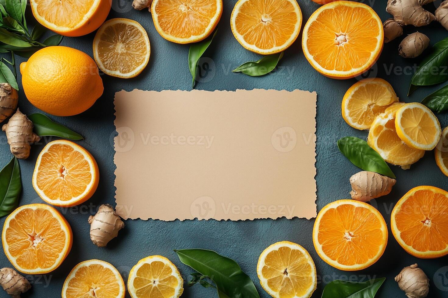 Fresh citrus fruits and ginger surrounding blank beige paper on dark blue background National Nutrition Month copy space mockup photo