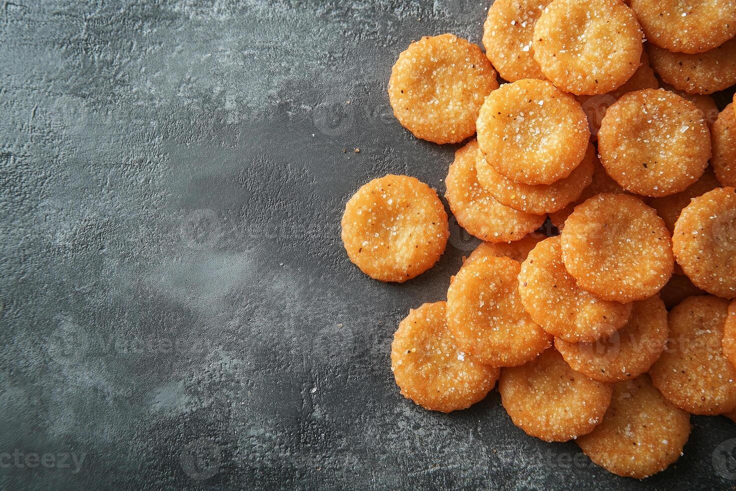 Crunchy round snacks piled on dark background for national nutrition month copy space photo