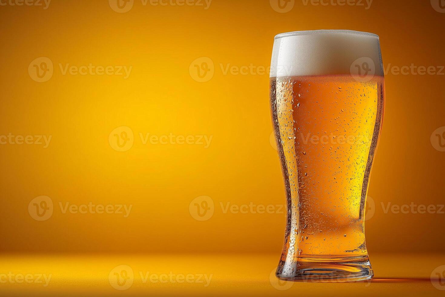 Refreshing glass of cold beer on a yellow background. Copy space photo