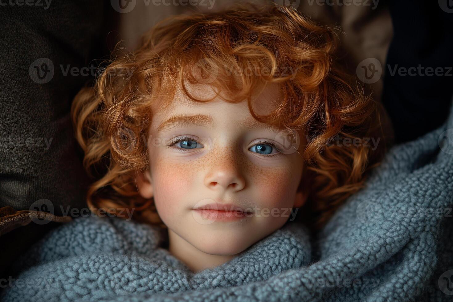 Portrait of redhead child relaxing on comfortable sofa with blue blanket photo