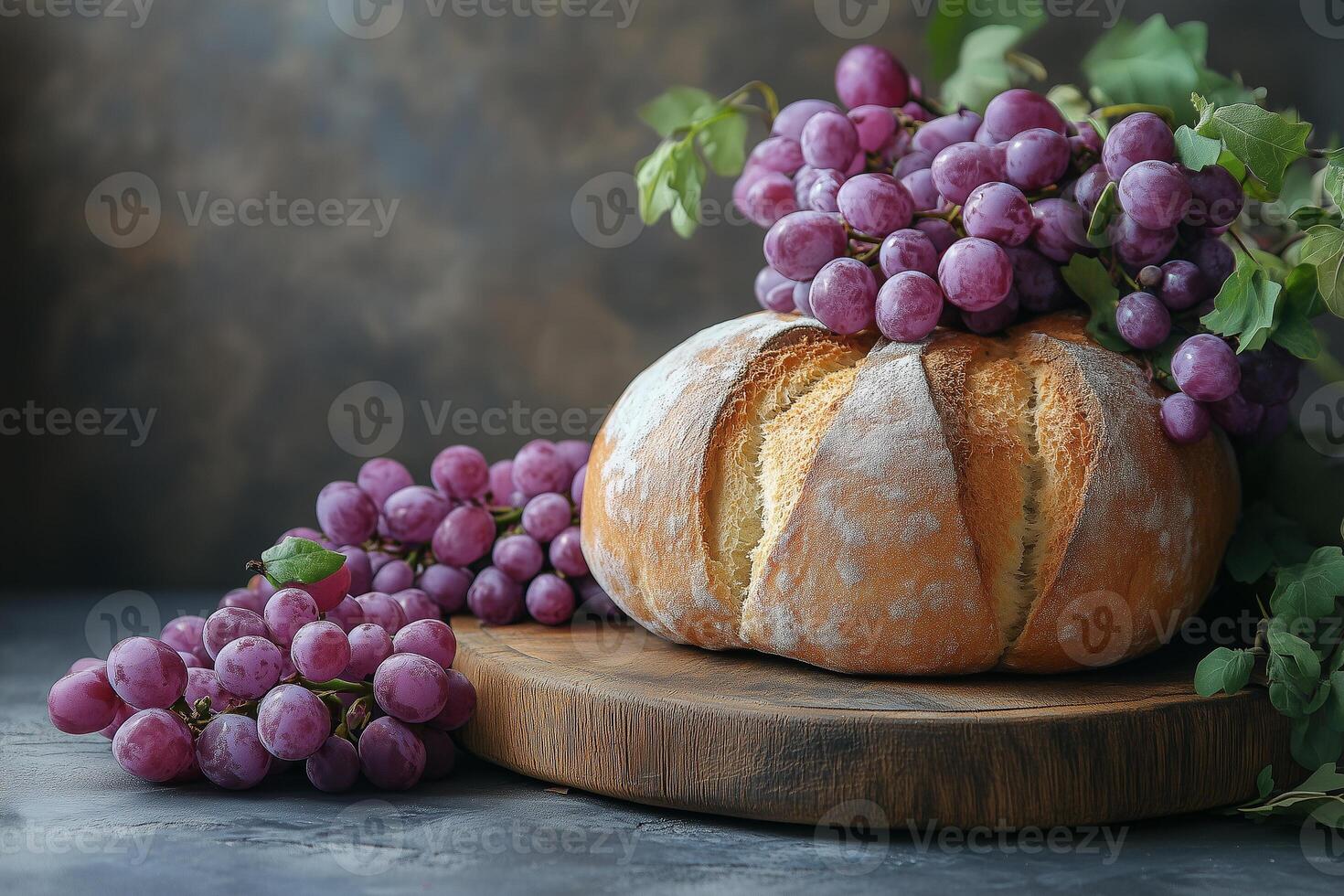 Freshly baked loaf of round bread with red grapes on wooden board symbolizing communion. Copy space photo