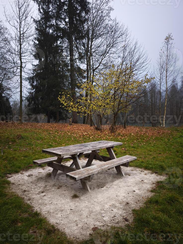 Empty picnic table inviting visitors in a serene autumn park in chamonix, france photo