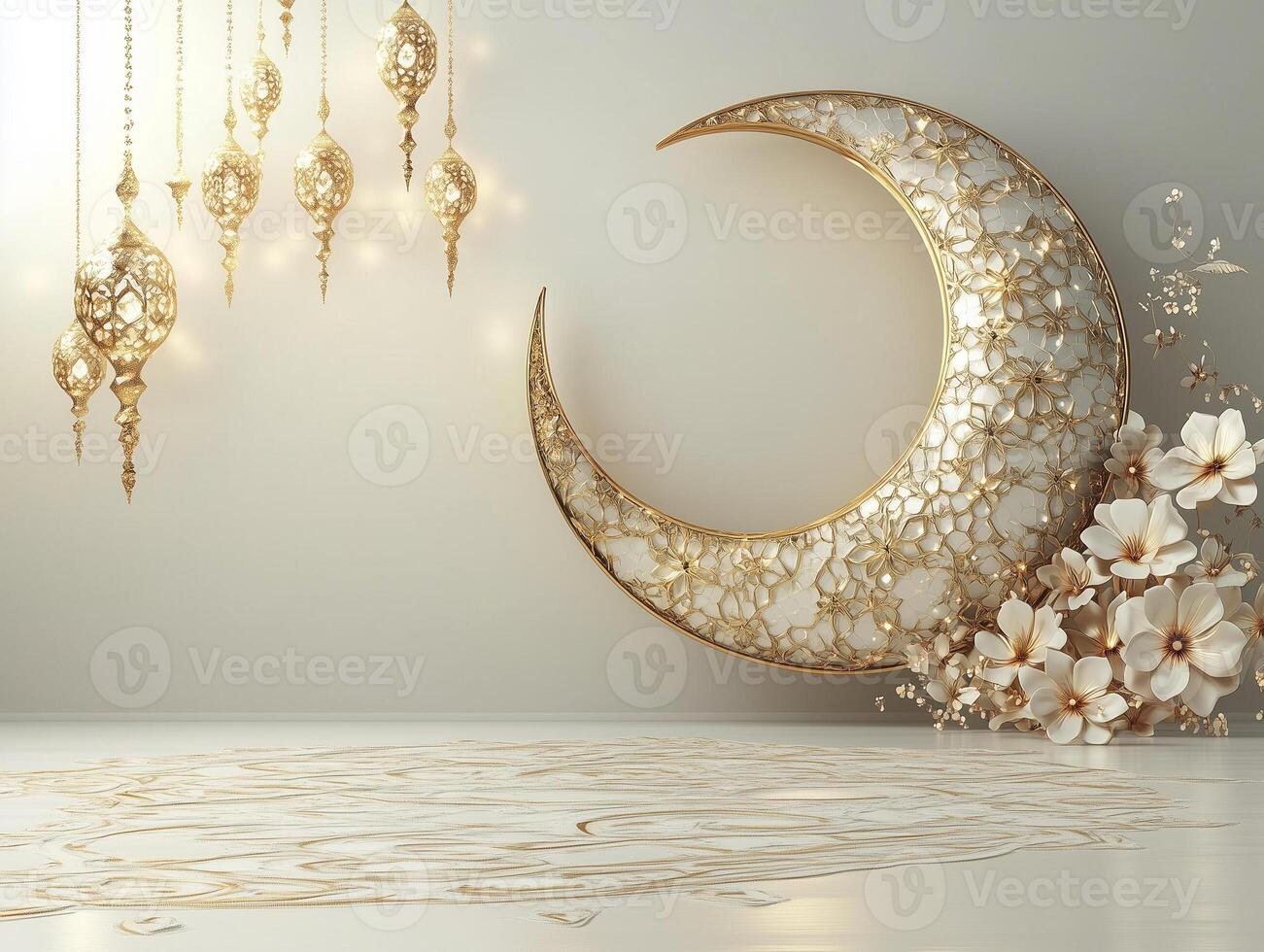 Golden crescent moon and lanterns celebrating ramadan traditions photo