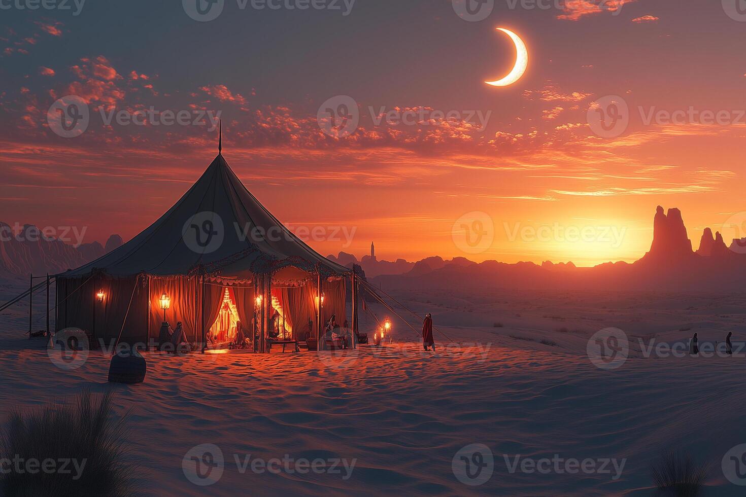 People walking towards tent in desert during sunset with crescent moon copy space photo