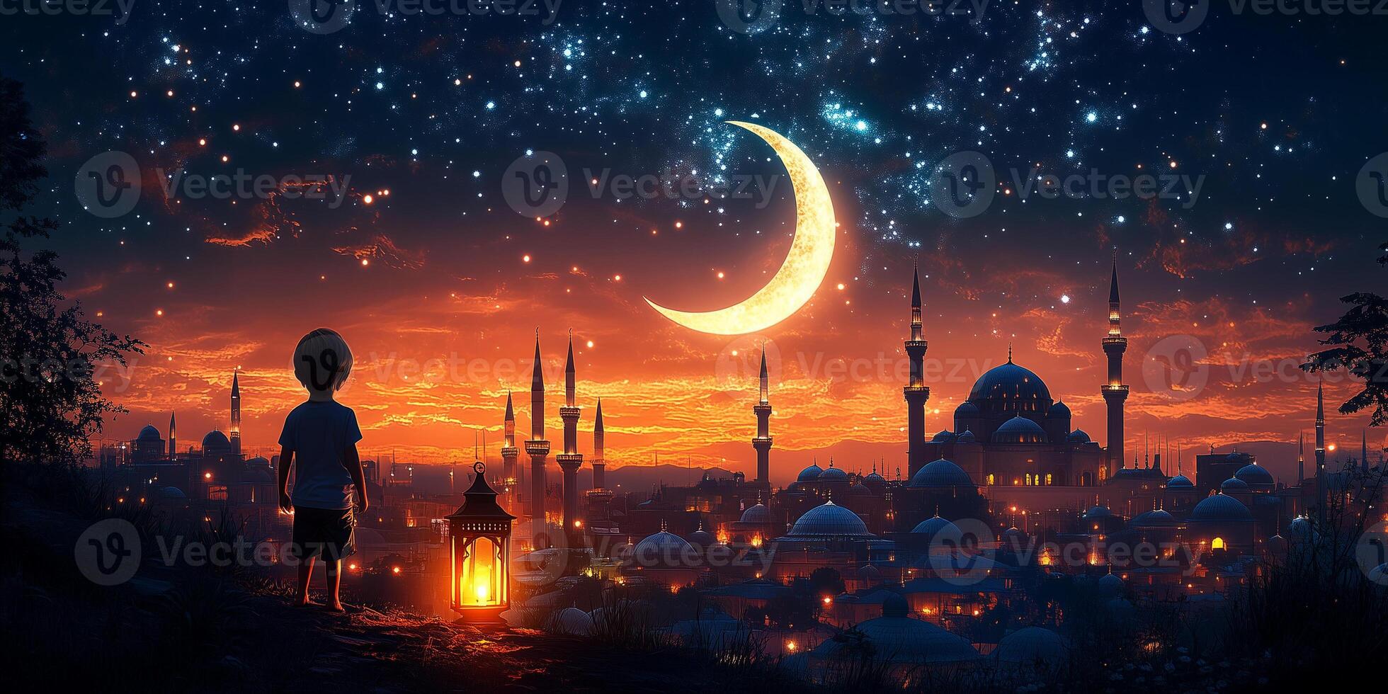 Child holding lantern celebrating ramadan under crescent moon and starry sky photo