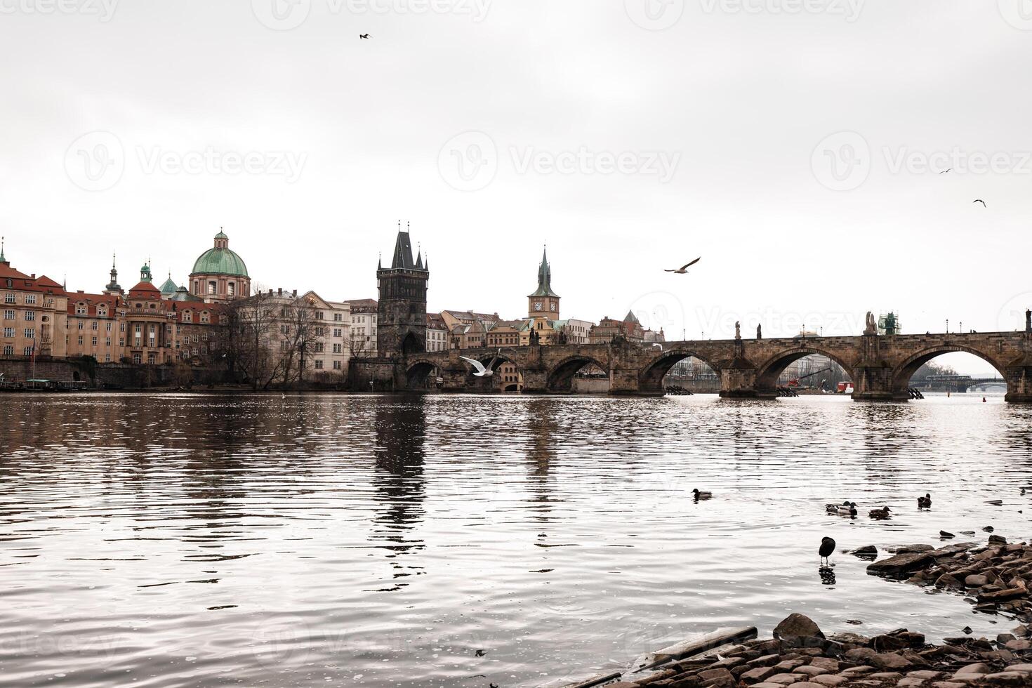 Charles bridge reflecting on vltava river in prague on cloudy day photo