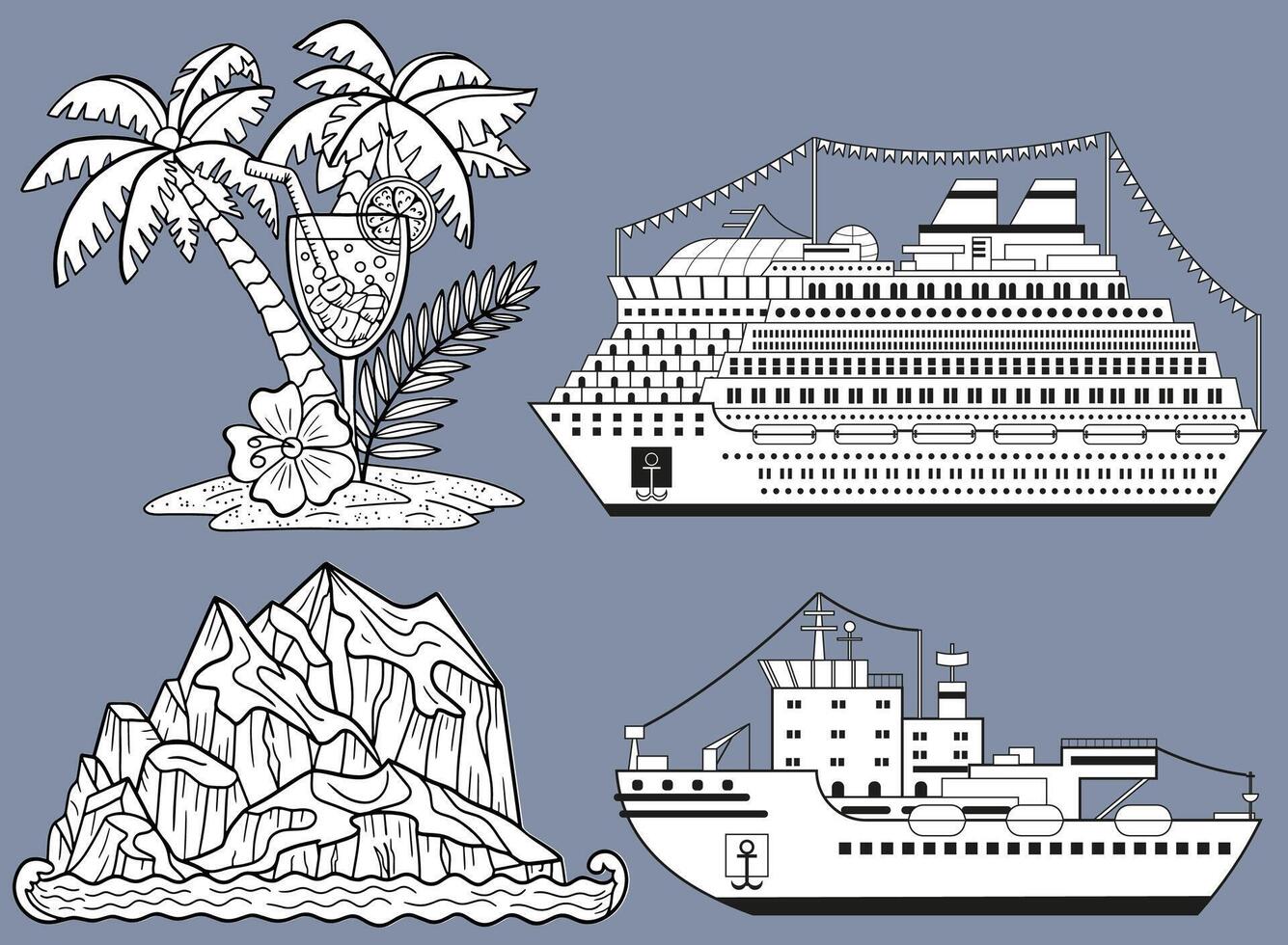 Design set of icebreaker ship with iceberg and cruise ship or passenger liner with tropical island with palms. Travel, transportation and discovery concept. Line art cartoon illustrations vector