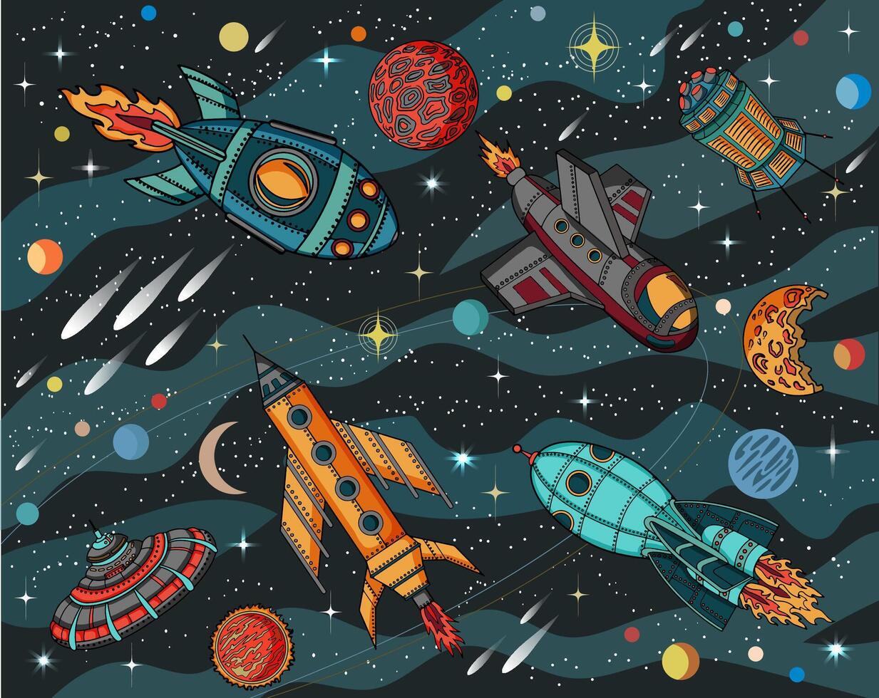 Colorful illustration of ships, rockets and satellites against retro future space universe with planets and stars, science fiction concept vector