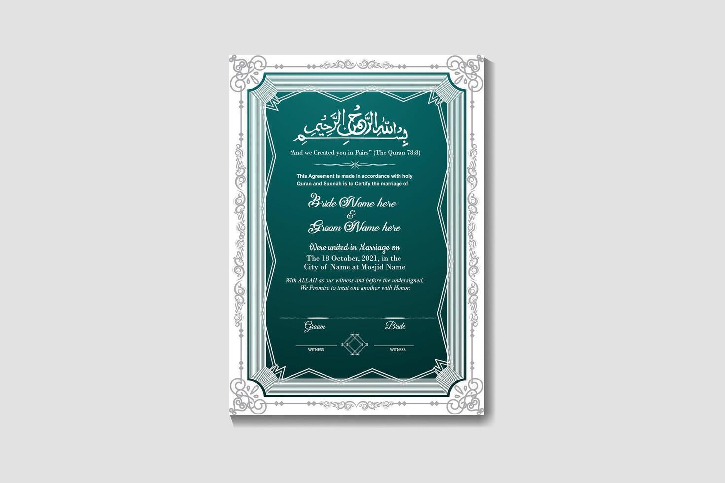A green and white wedding certificate with an ornate design vector