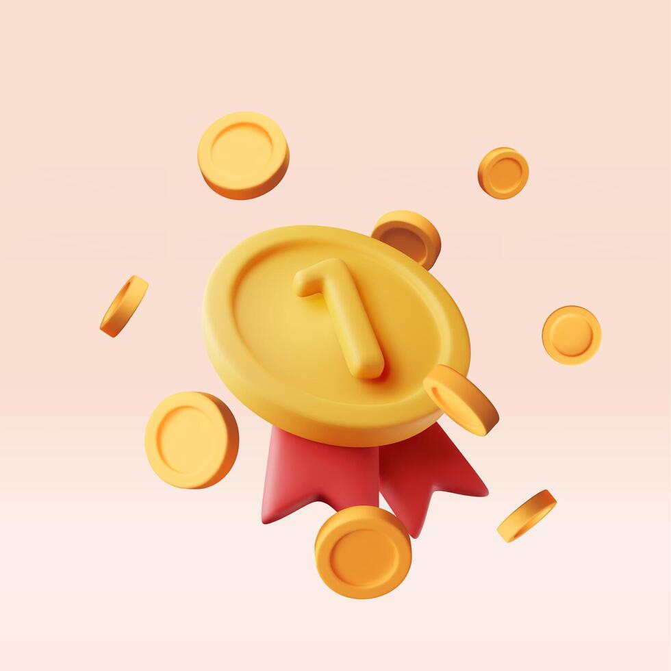 3d golden medal with gold coins. Render gold champion medal in money. vector