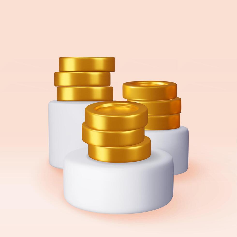 3D stack of coins on white round podium. Pile of american dollar coin stage render. vector