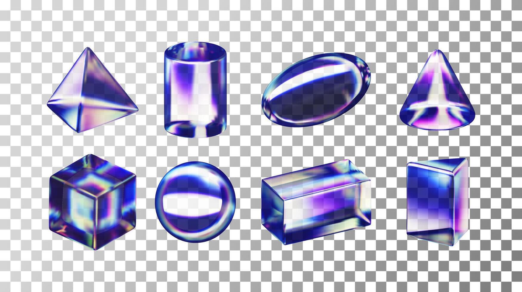 3d set of holographic geometric figures. Render collection of glass shapes. Cone, cube, cuboid, pyramid, cylinder, sphere, ellipse rainbow gradient vector