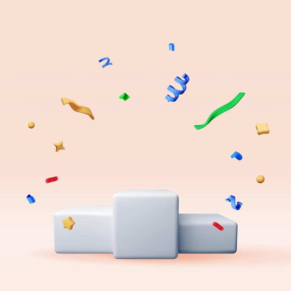 3D white podium with confetti isolated. Render stage mockup. Platform with confetti. Valentine day, birthday card, sport, product display presentation advertisement. vector