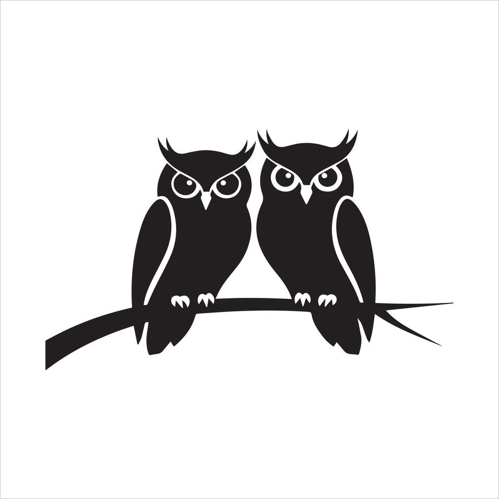 Two owls perched on a branch, minimalist design vector