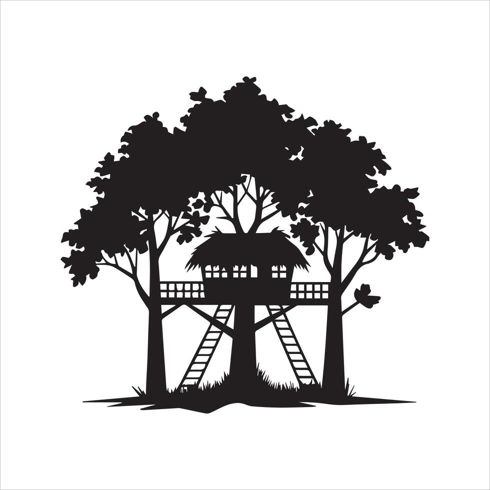 Silhouette of a treehouse nestled in a lush forest vector