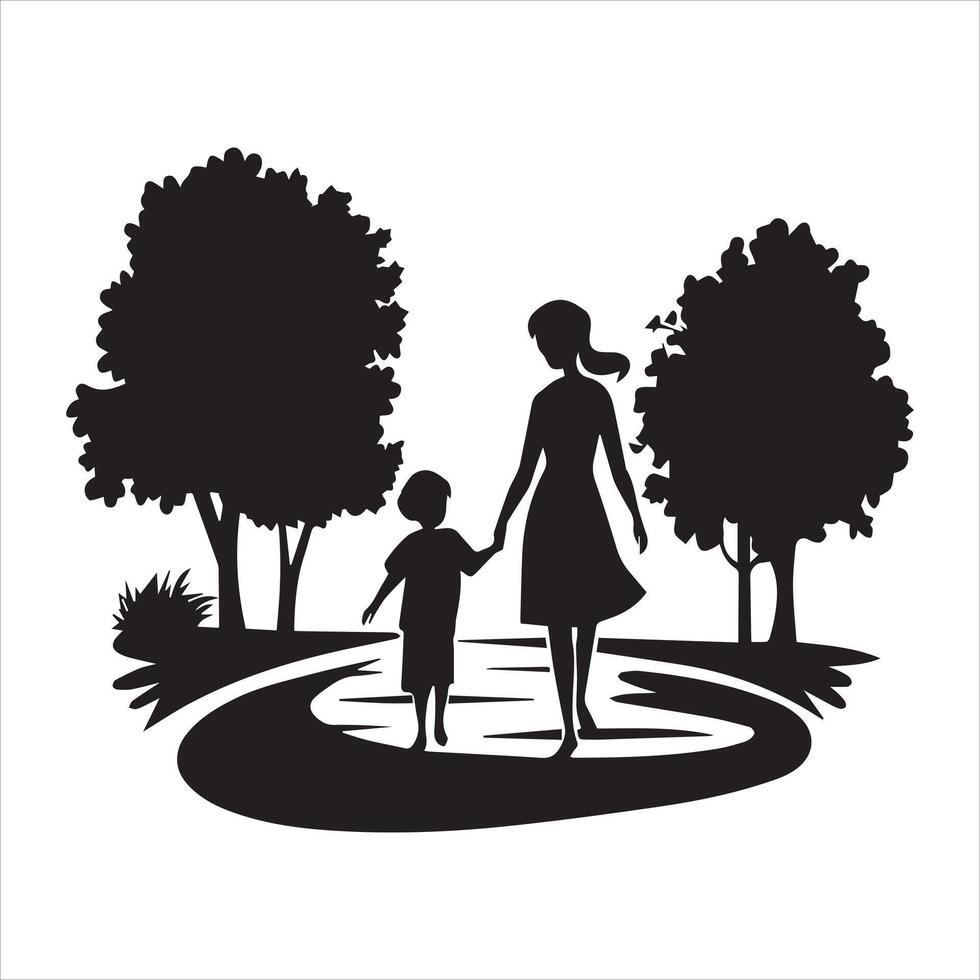 Mother and Son Walking Hand-in-Hand in a Park vector