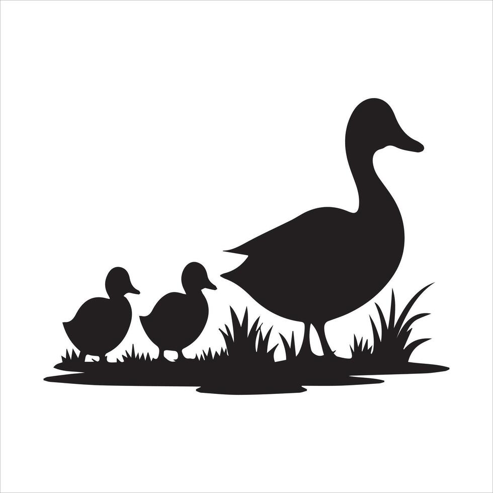 Silhouette of a Mother Duck and Ducklings by a Pond vector