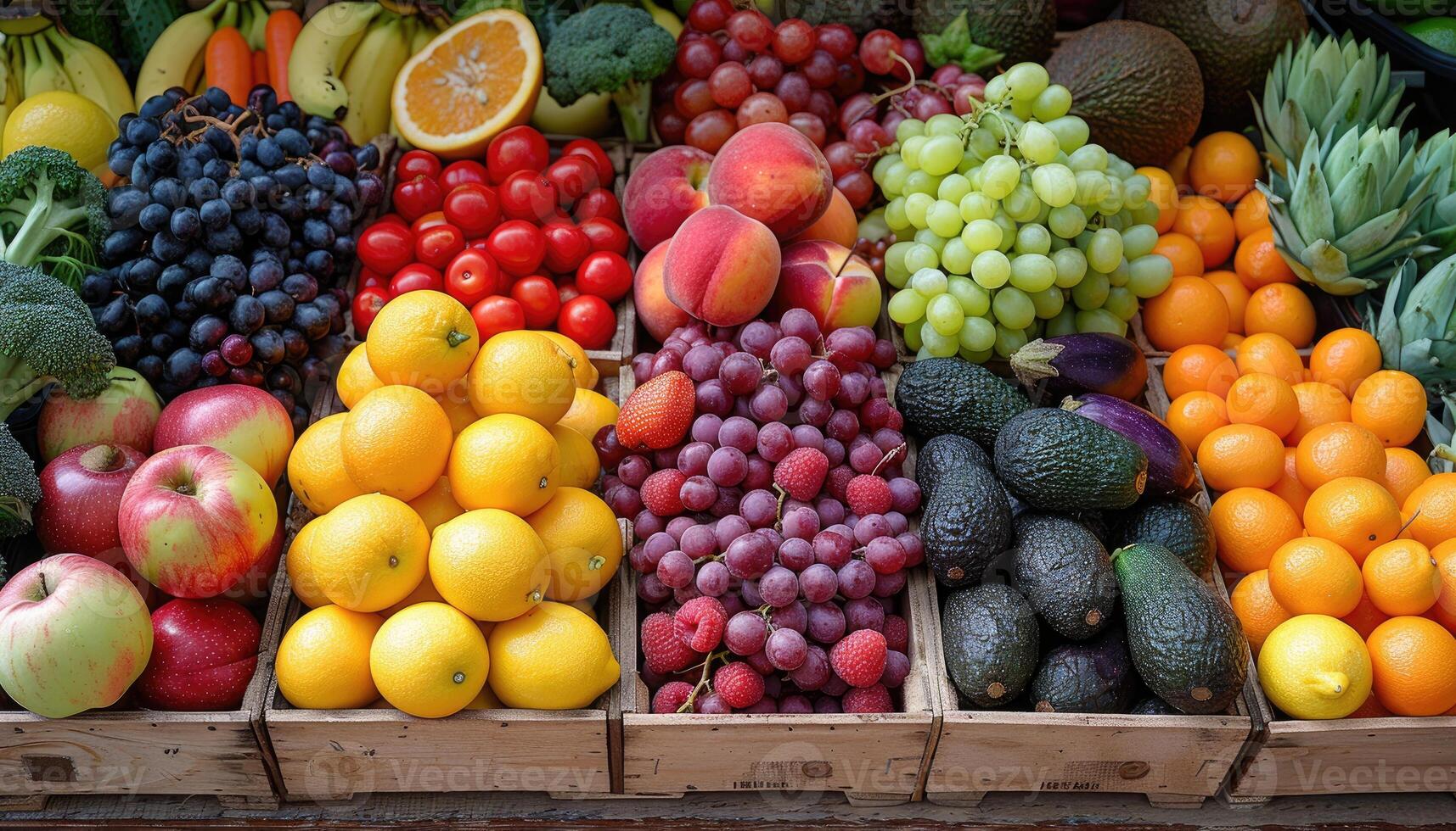 Colorful Fruits Vegetables Abundantly Displayed In Wooden Crates photo