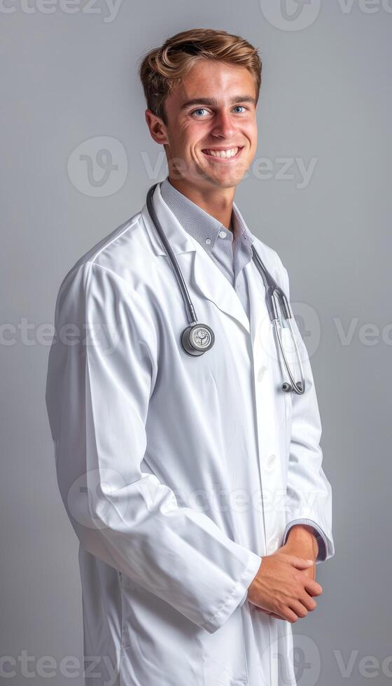 Young Male Doctor Wearing White Coat and Stethoscope photo